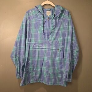 Field Gear Women's Hooded Half-Zip Windbreaker Jacket Size L Blue Plaid